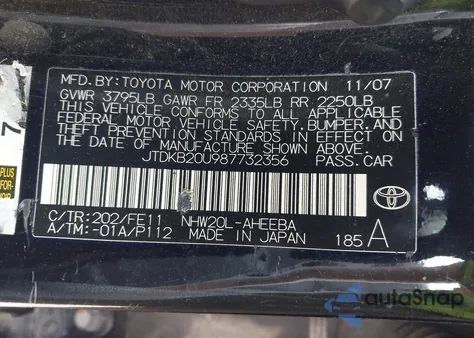 2008 Toyota Prius z USA, uszkodzony, nr VIN JTDKB20U987732356